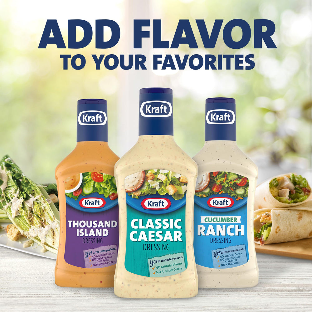 Kraft Caesar dressing bottle pouring onto greens for fast dressings.