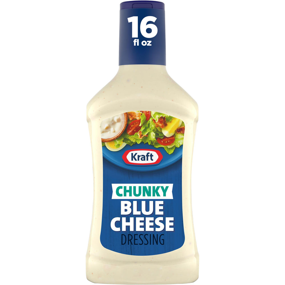 Kraft Chunky Blue Cheese Dressing bottle being poured over a salad
