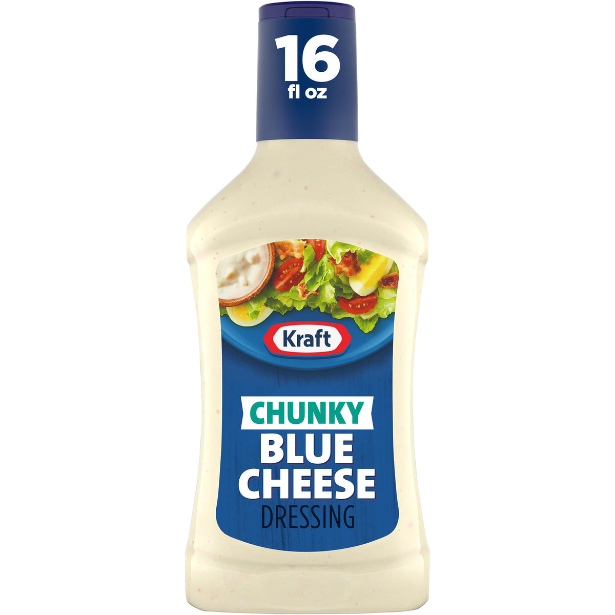 Kraft Chunky Blue Cheese Dressing bottle being poured over a salad