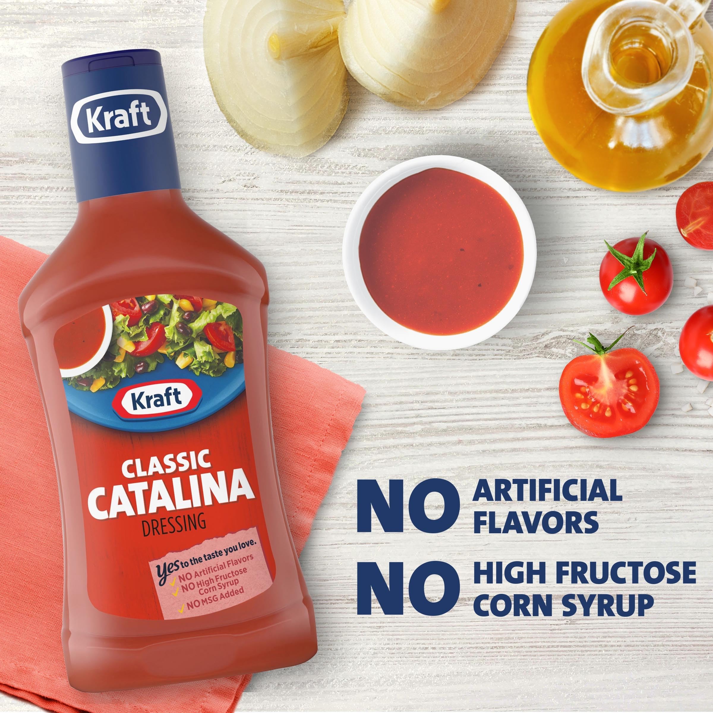 Kraft Classic Catalina Dressing ingredients overlay, tomato base and spices for rich taste.