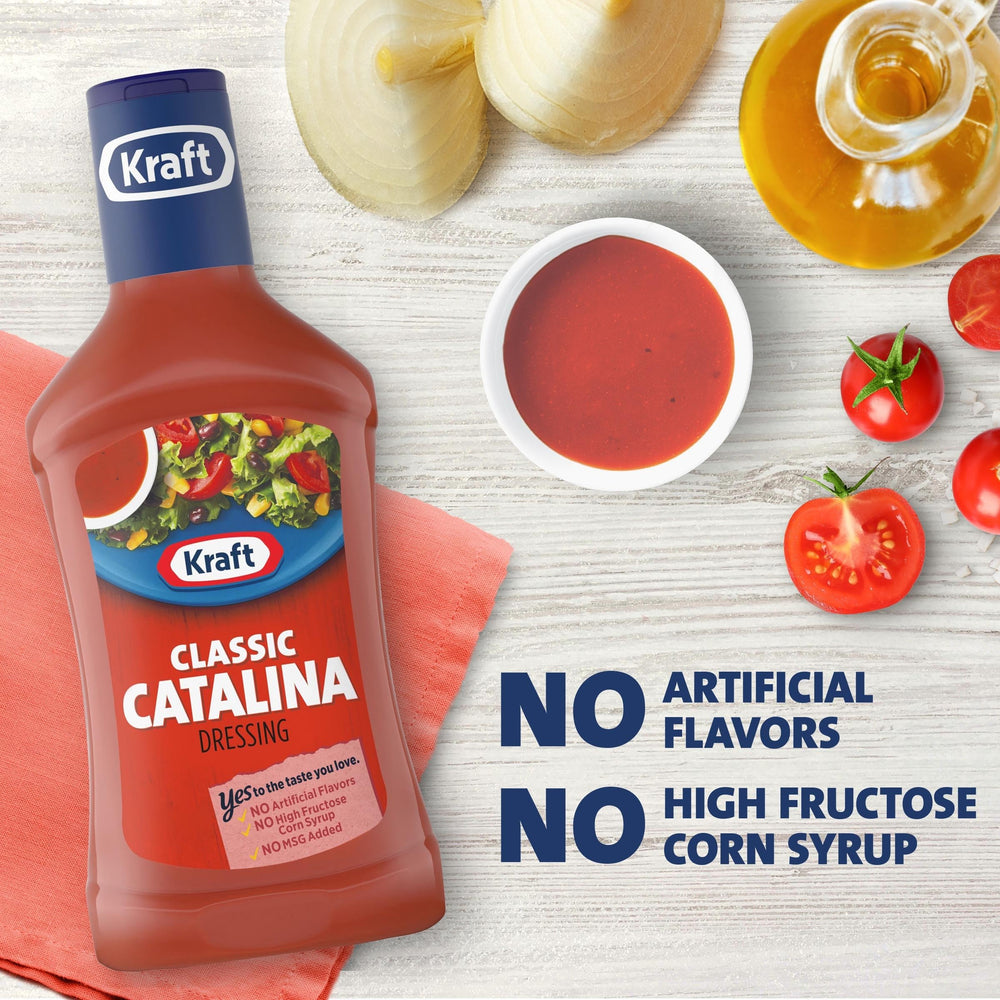 Kraft Classic Catalina Dressing ingredients overlay, tomato base and spices for rich taste.