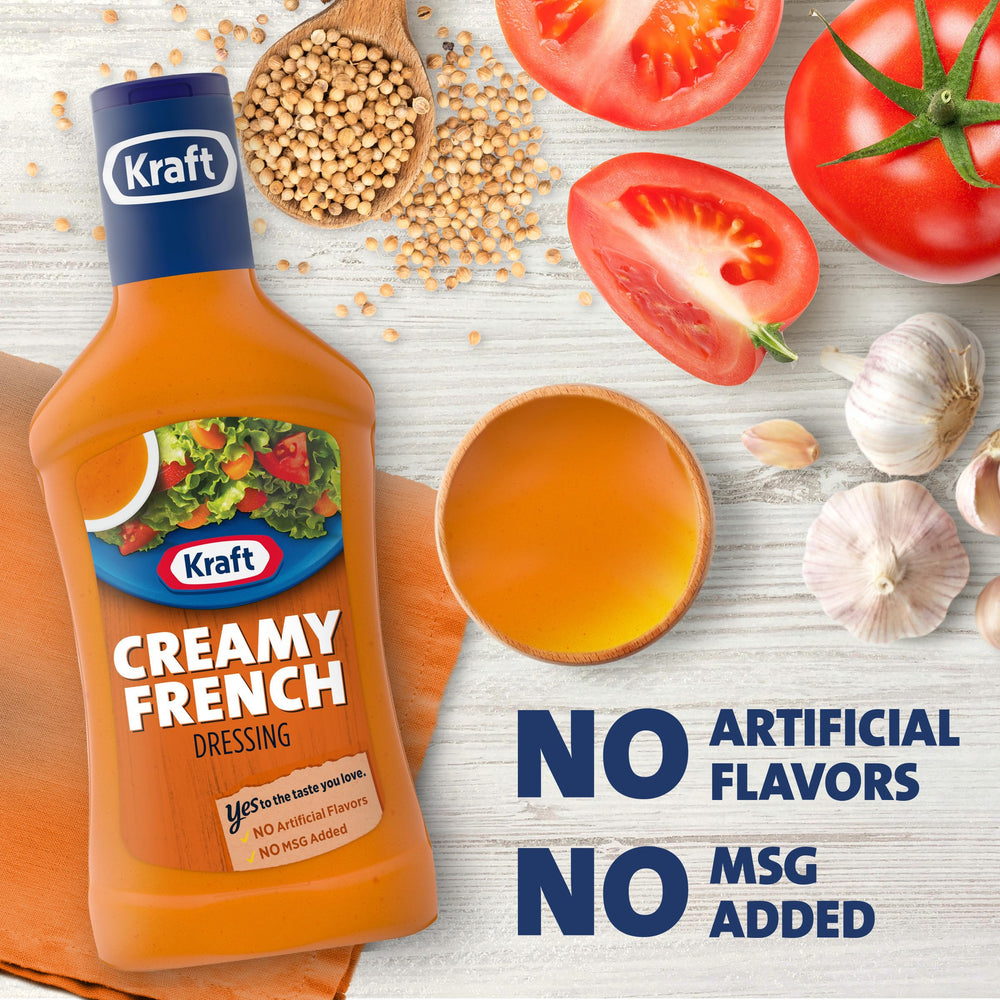 Kraft Creamy French Dressing on salad bowl illustrates vibrant orange dressing.