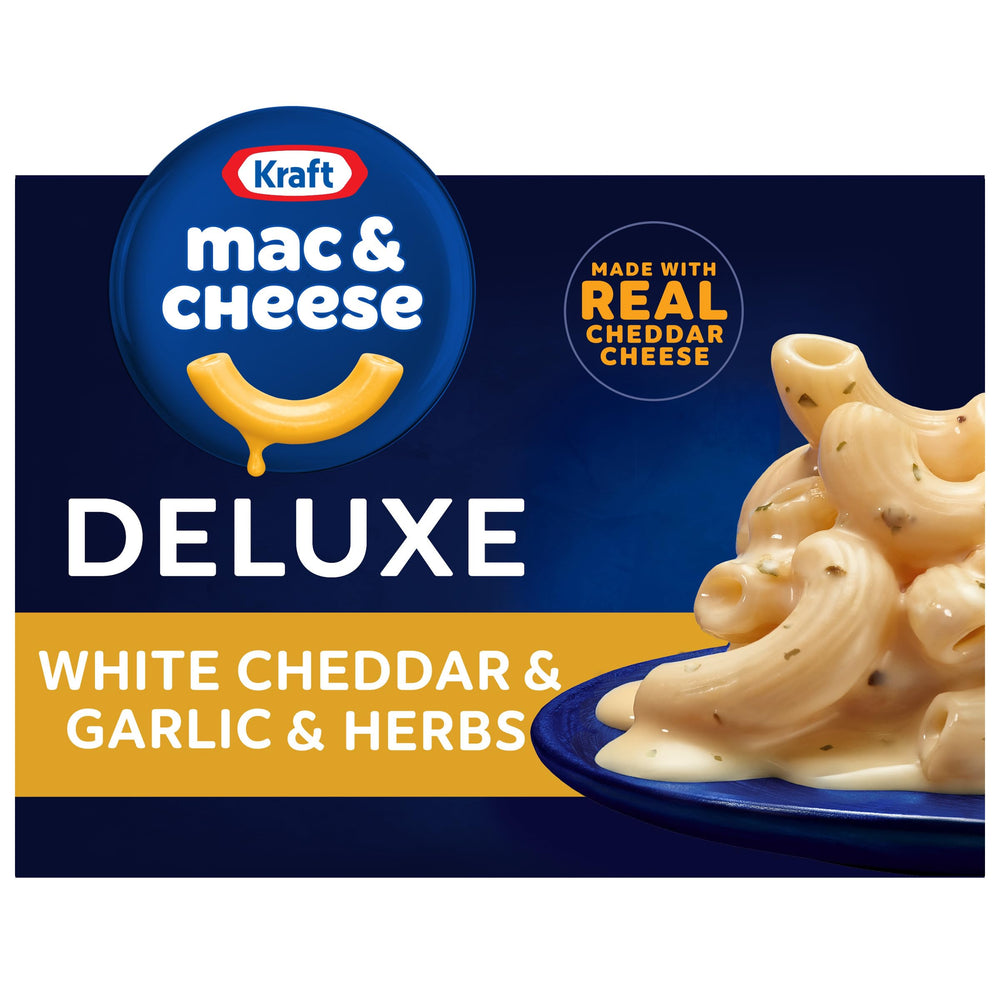 Kraft Deluxe Mac and Cheese box showing white cheddar flavor for quick family meals