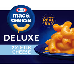 Kraft Deluxe Mac and Cheese box front, convenient dinner option for busy weeknights.