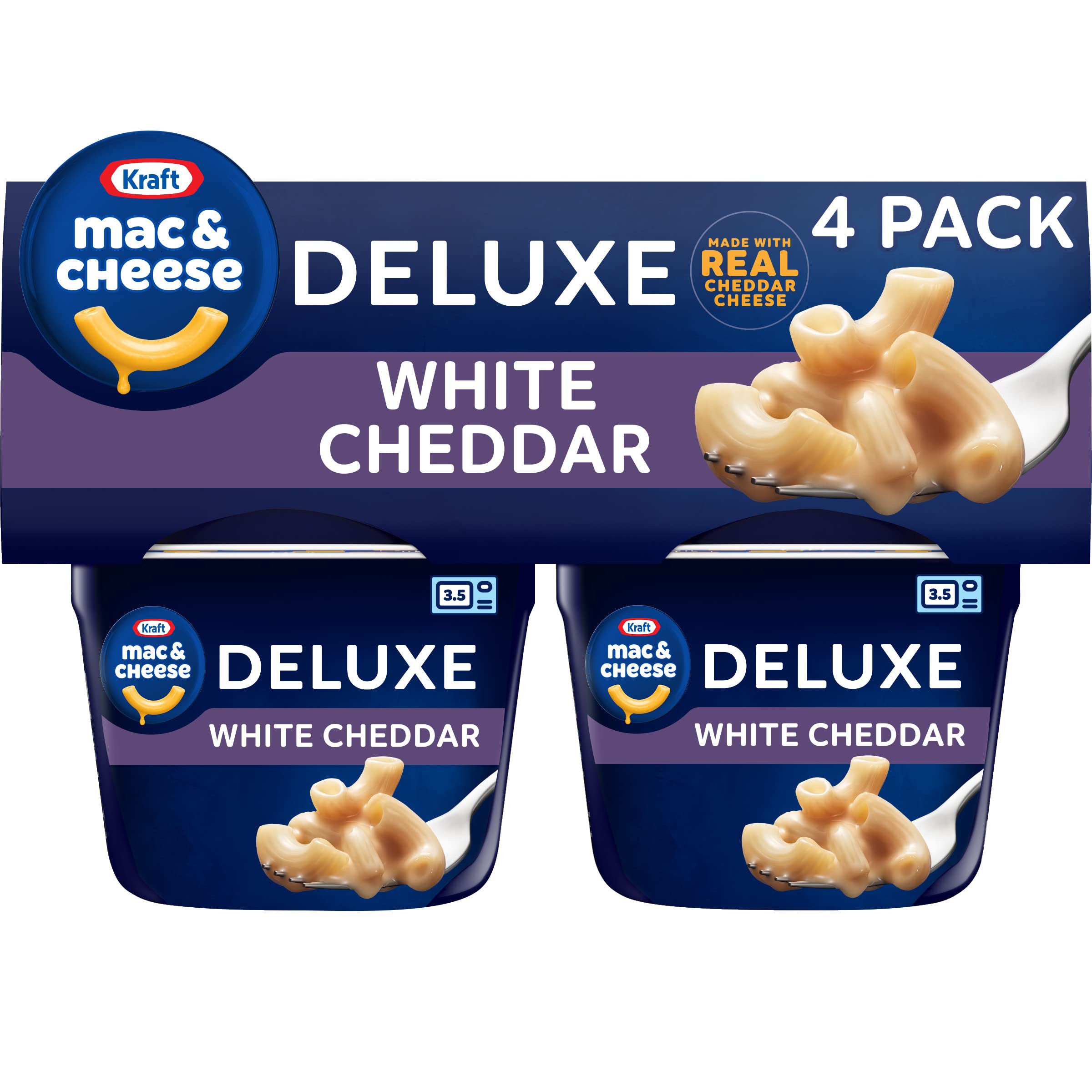 Kraft Deluxe Mac and Cheese Cups packaging on store shelf for quick meals.