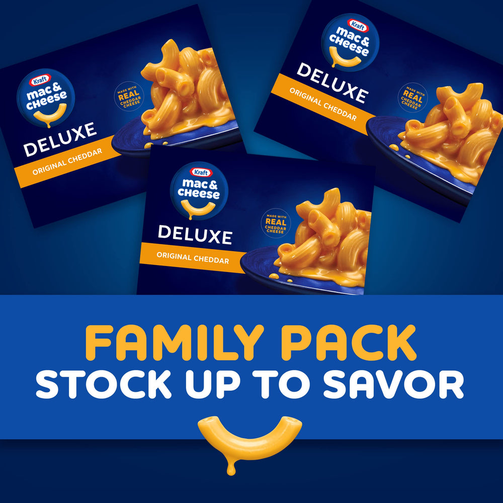 Pantry shelf with Kraft Deluxe Mac and Cheese box ready for easy meals