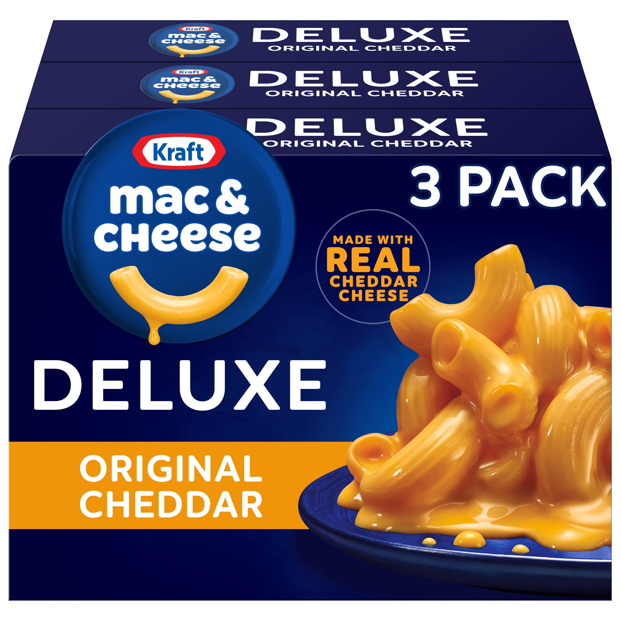 Kraft Deluxe Mac & Cheese three-box set on kitchen counter for quick family dinners