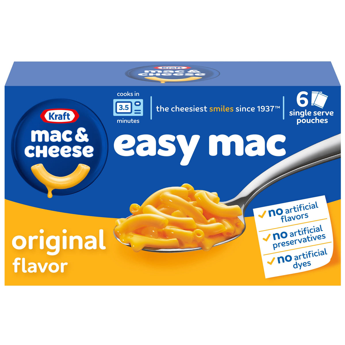 Kraft Easy Mac box front with six single-serve packets for quick weeknight meals.