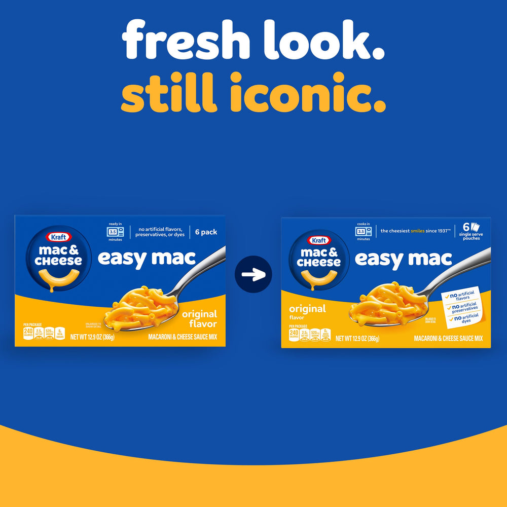 Shelf-stable Kraft Easy Mac packs lined up for easy weeknight dinners.