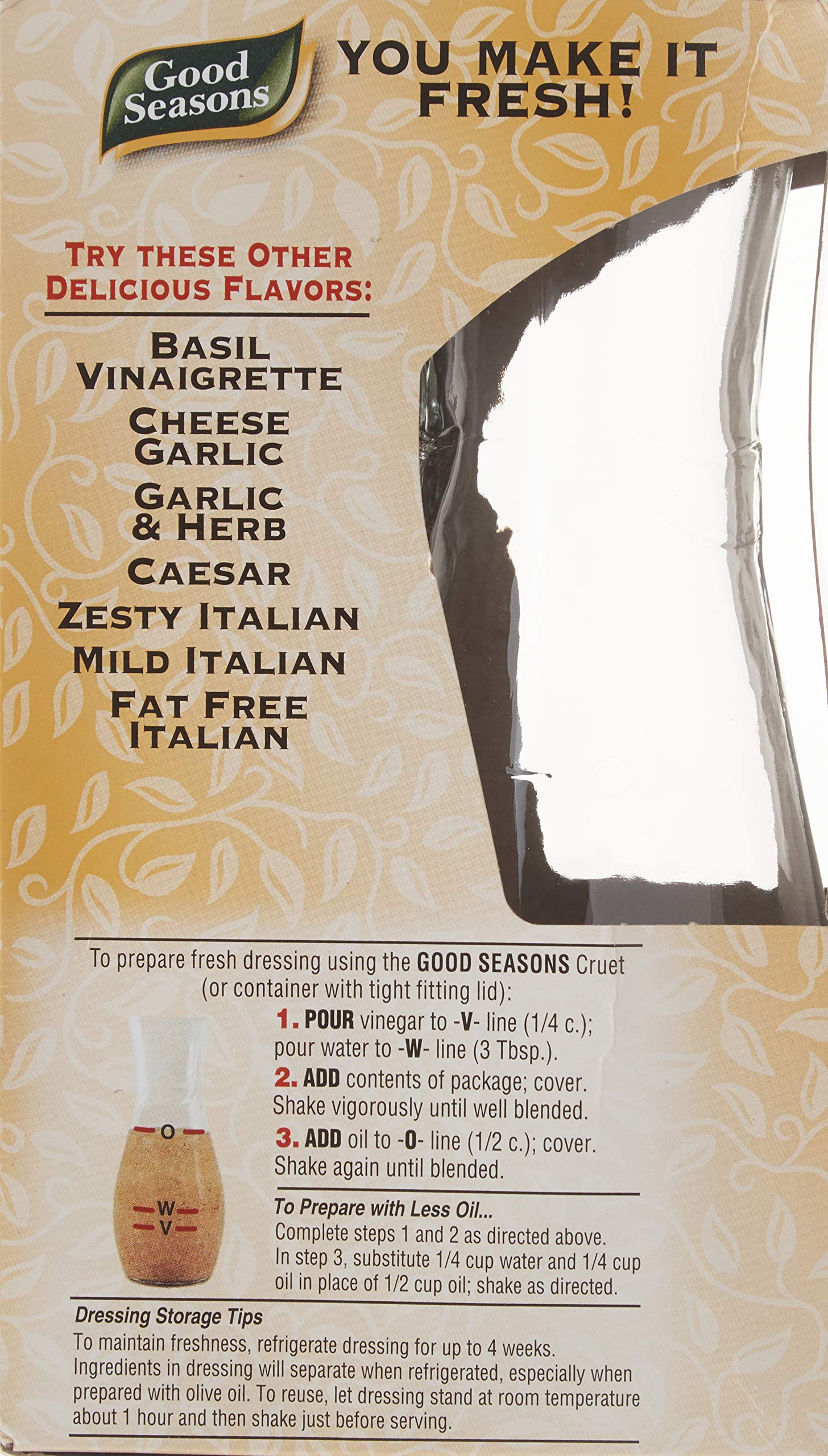 Kraft Foods New Meals Good Seasons Italian Dressing Mix bottle and cruet set shown with fresh ingredients