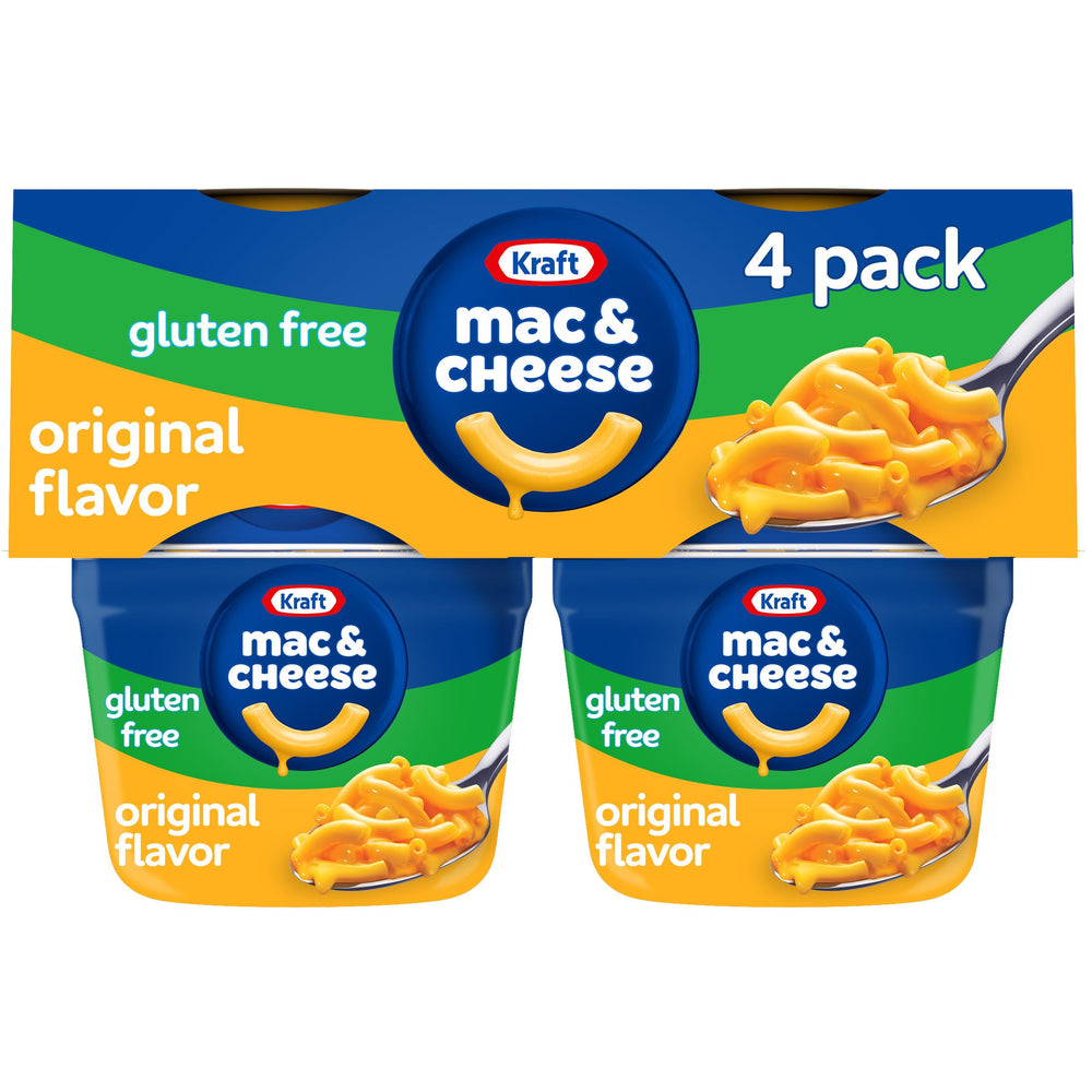 Kraft Gluten Free Mac and Cheese cups packaging front, illustrating a quick gluten-free family dinner option.
