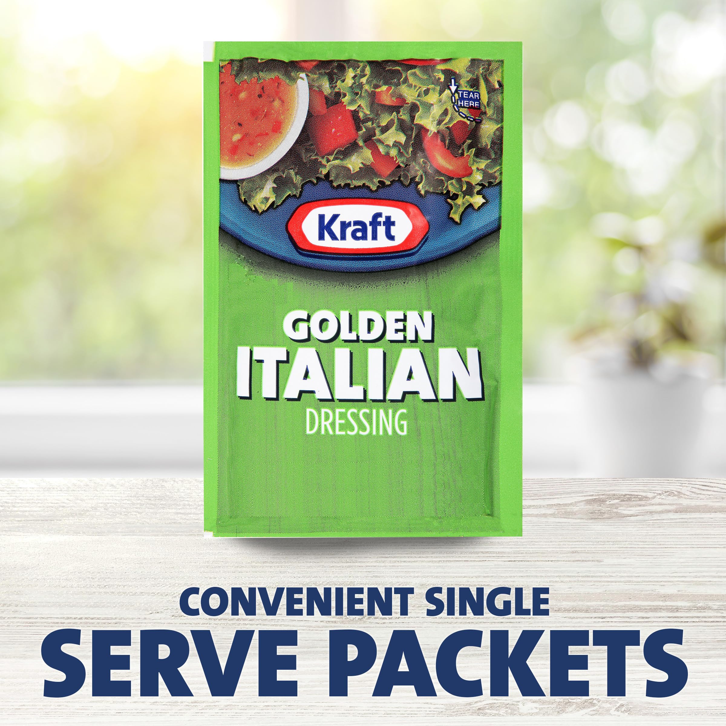 Kraft Golden Italian single-serve packet close-up highlights creamy texture ideal for salads.