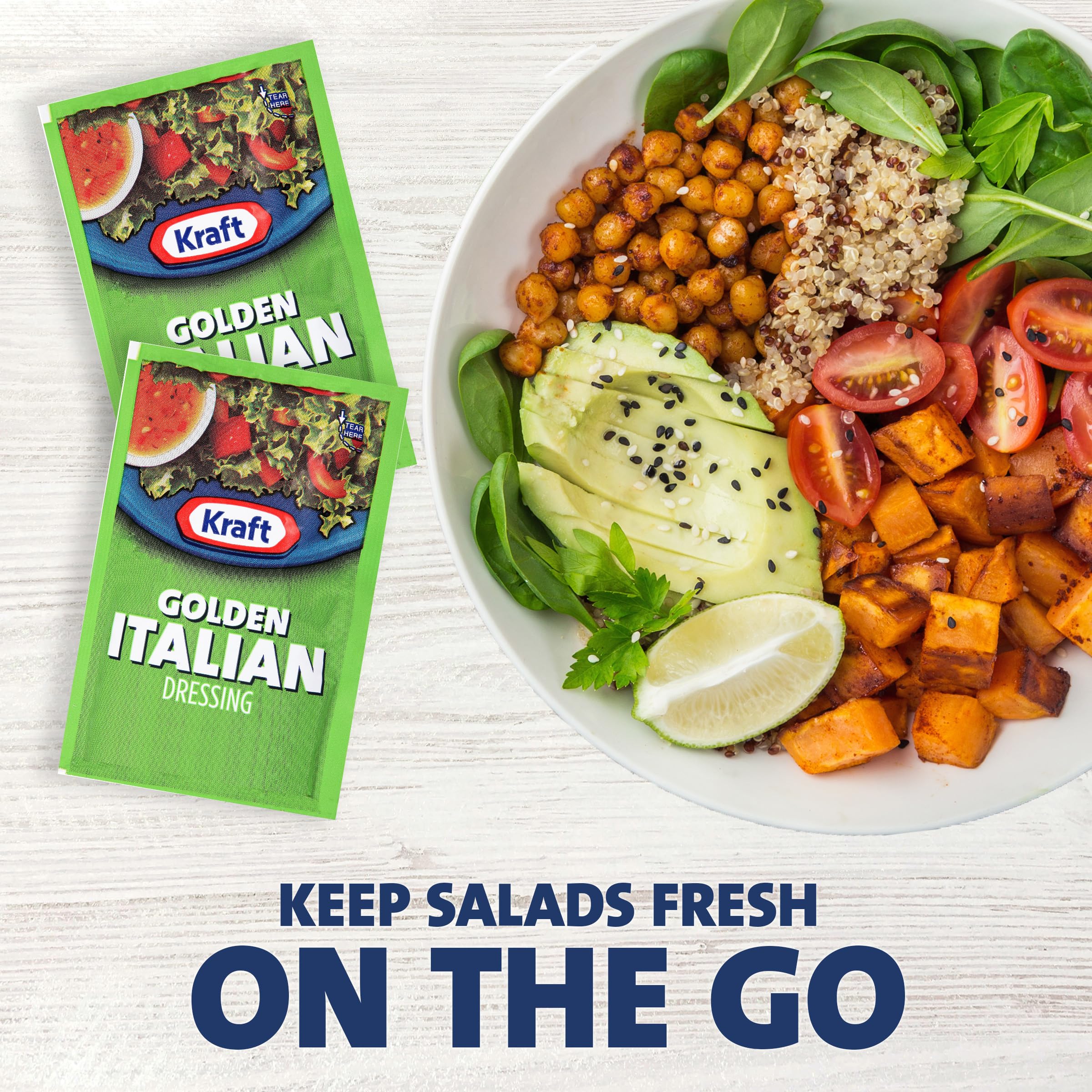 Kraft dressing on a green salad demonstrates creamy balance with a tangy finish.
