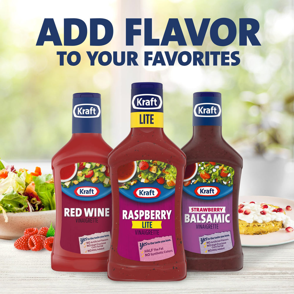 Kraft Lite Raspberry Vinaigrette bottle on a kitchen counter
