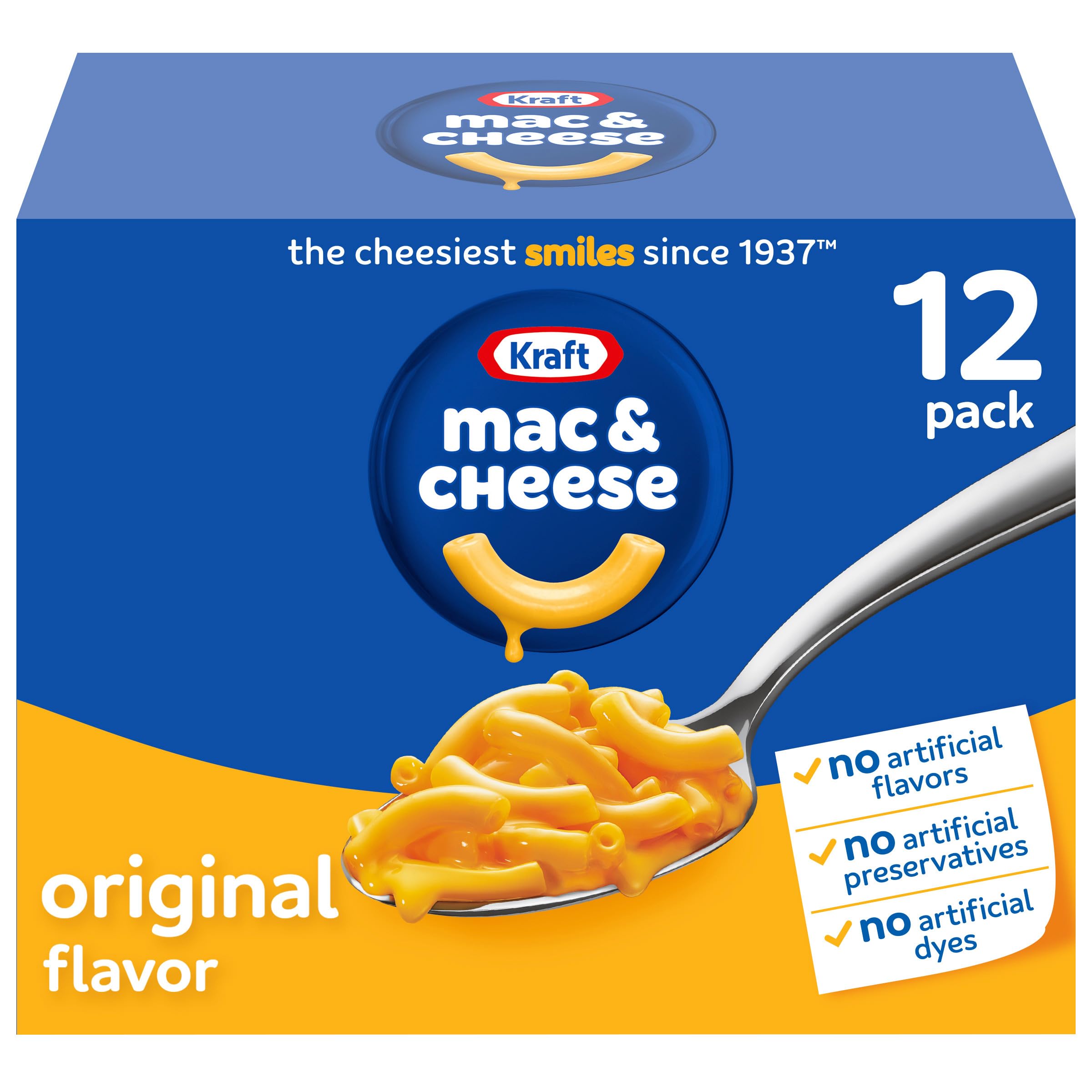 Kraft Mac and Cheese box front shows original flavor, ideal for quick family dinners.