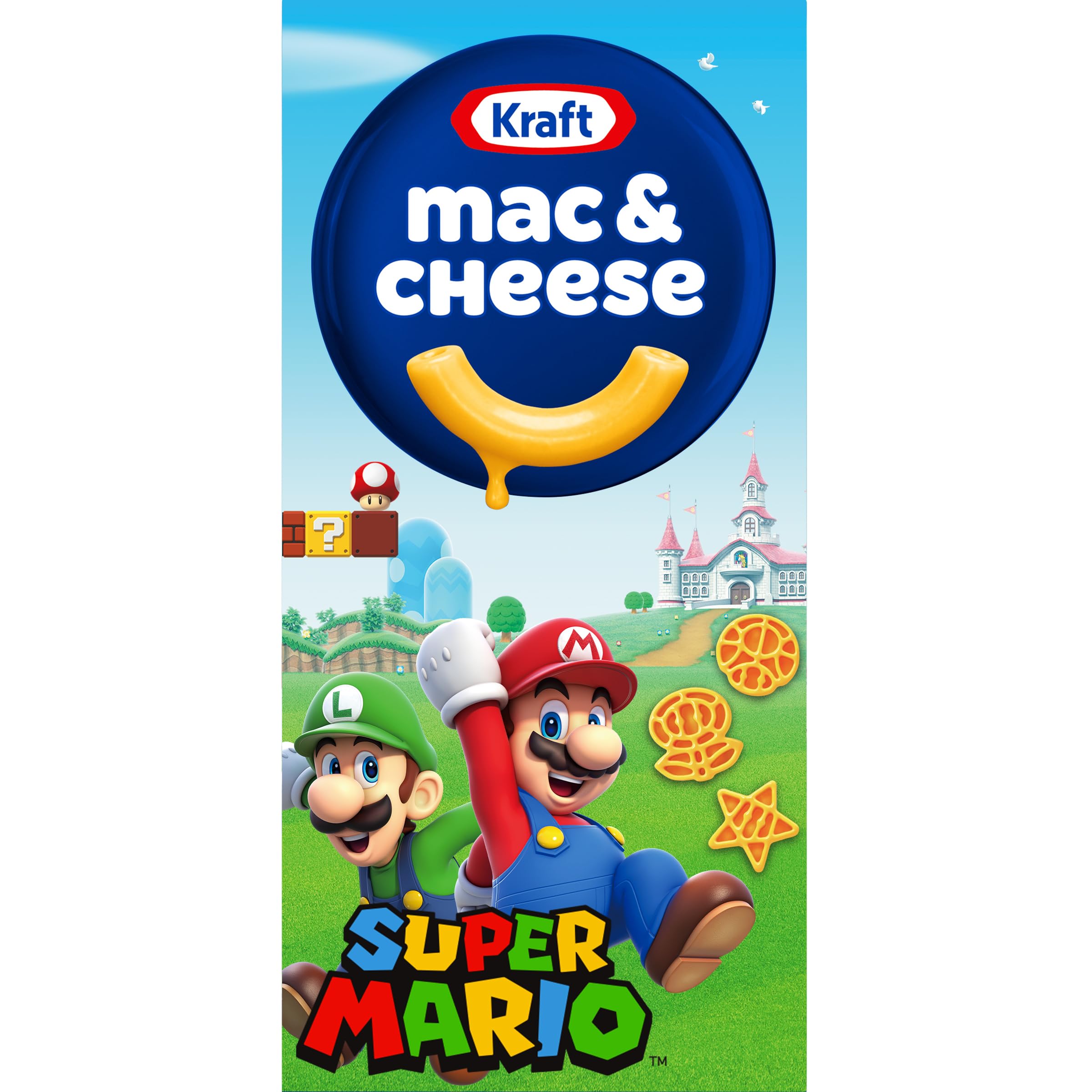 Kraft Mac & Cheese box with Super Mario Power-Up shapes for quick family meals.