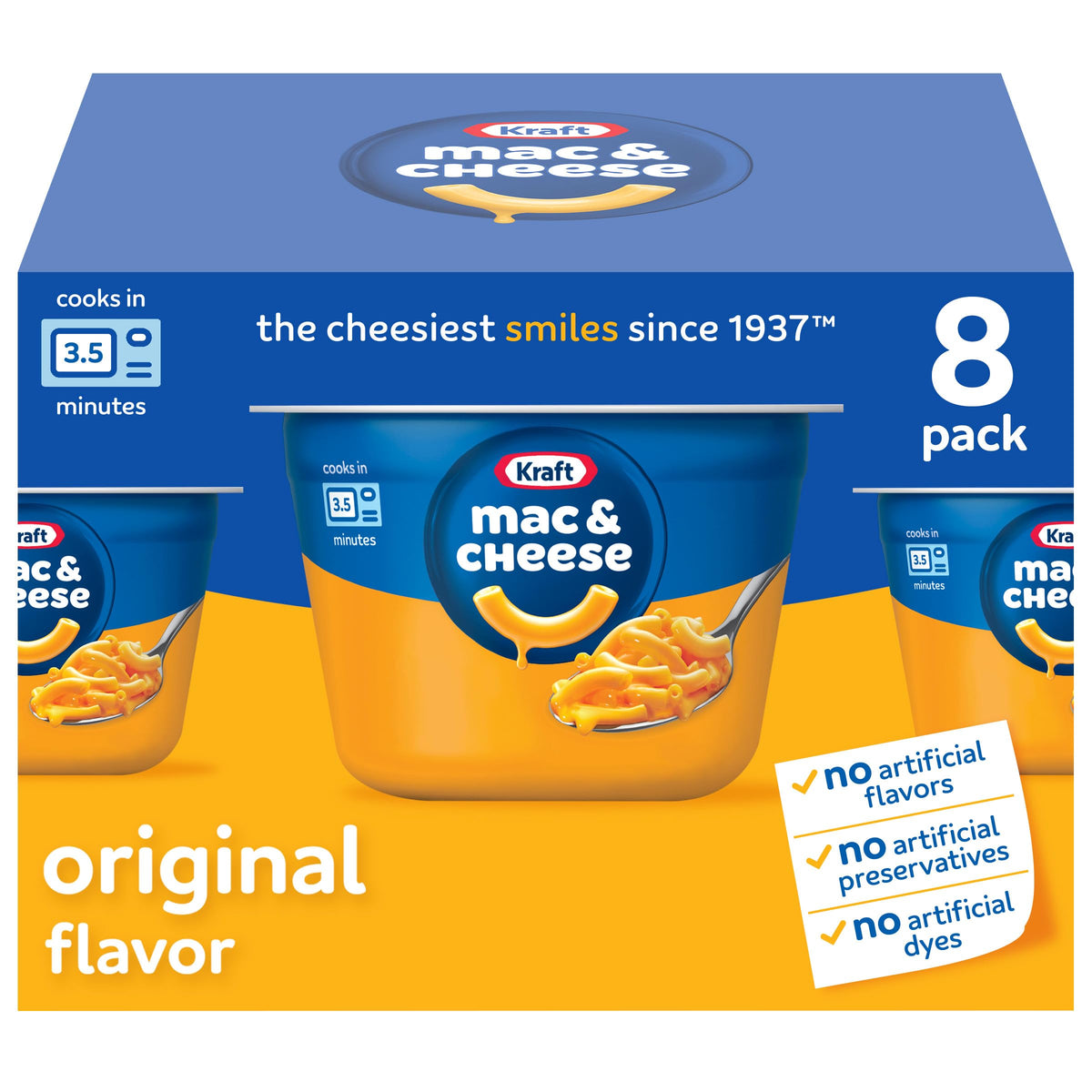 Kraft Mac and Cheese cups—eight-pack on the shelf for quick family meals.