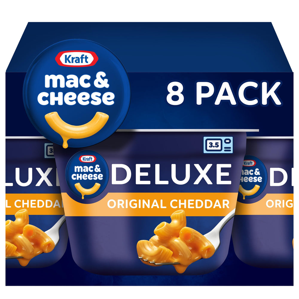 Kraft Macaroni and Cheese Deluxe cups packaging front—quick family meal.