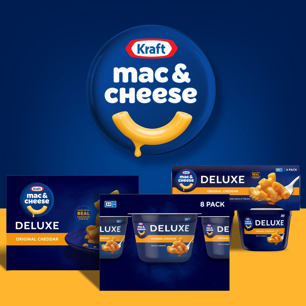 Kraft Macaroni and Cheese Deluxe cups storage on pantry shelf.