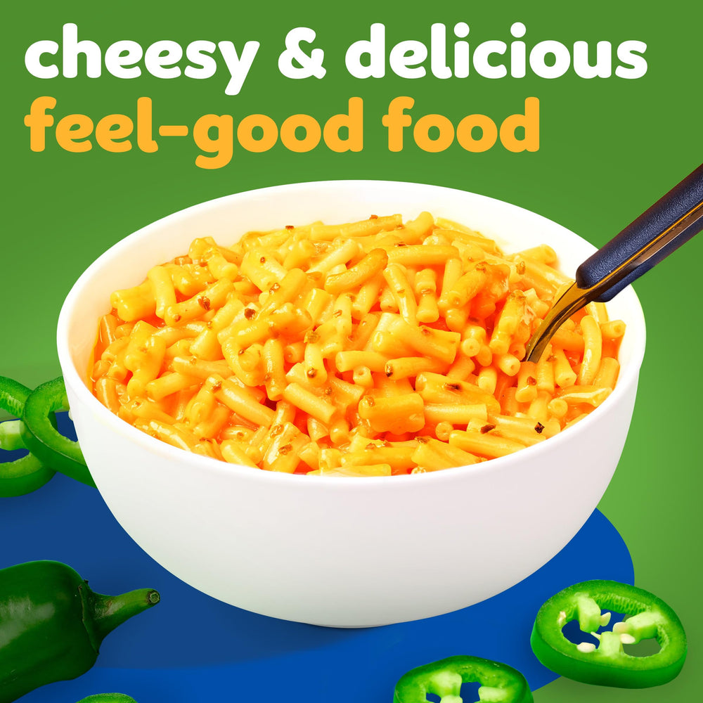 Kraft Mac and Cheese jalapeño ready dinner, shelf-stable pantry staple.