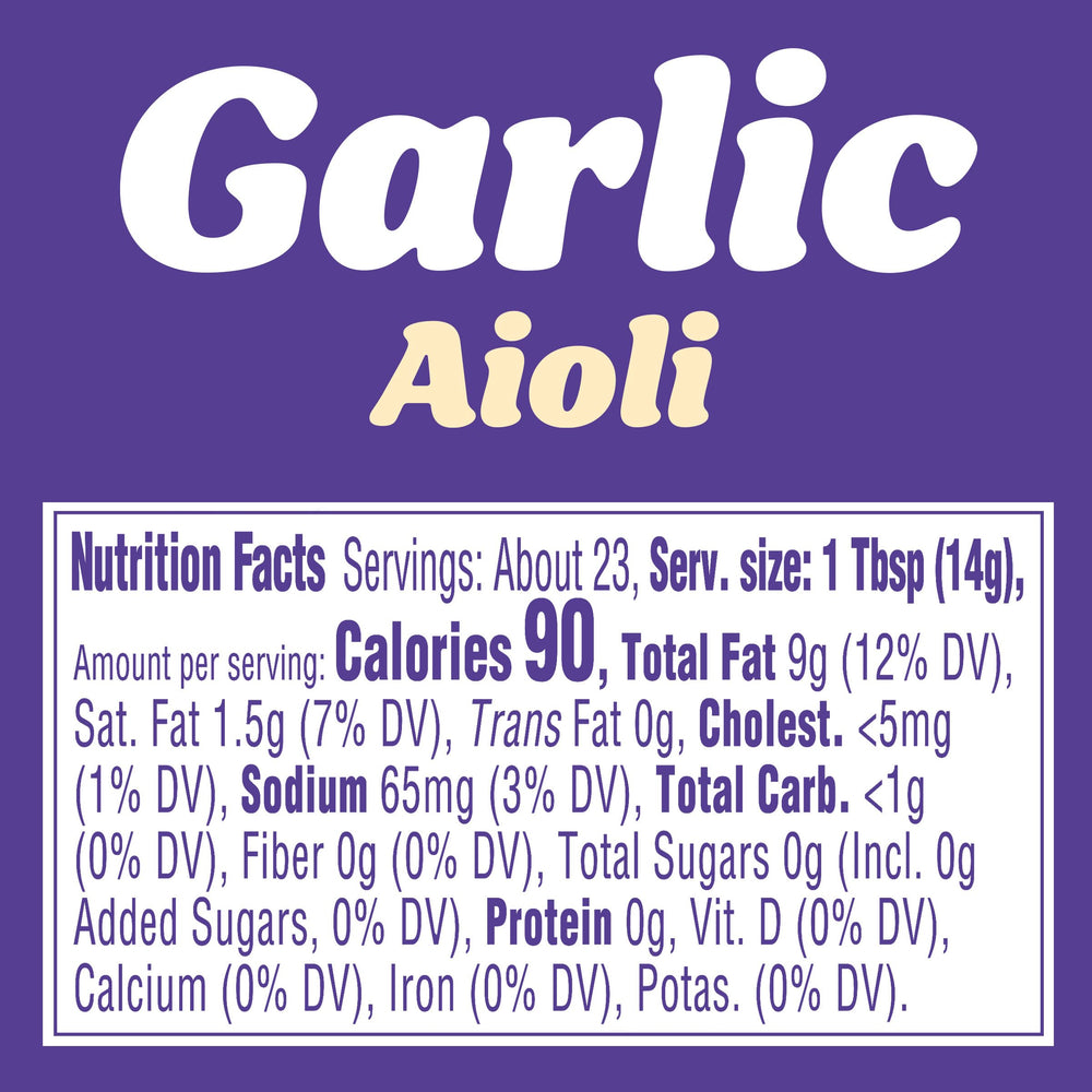 Kraft Mayo Garlic Aioli bottle back highlights ingredients and suggested uses.
