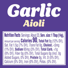 Kraft Mayo Garlic Aioli bottle back highlights ingredients and suggested uses.