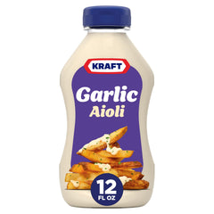 Kraft Mayo Garlic Aioli bottle front showcases bold authentic garlic flavor.