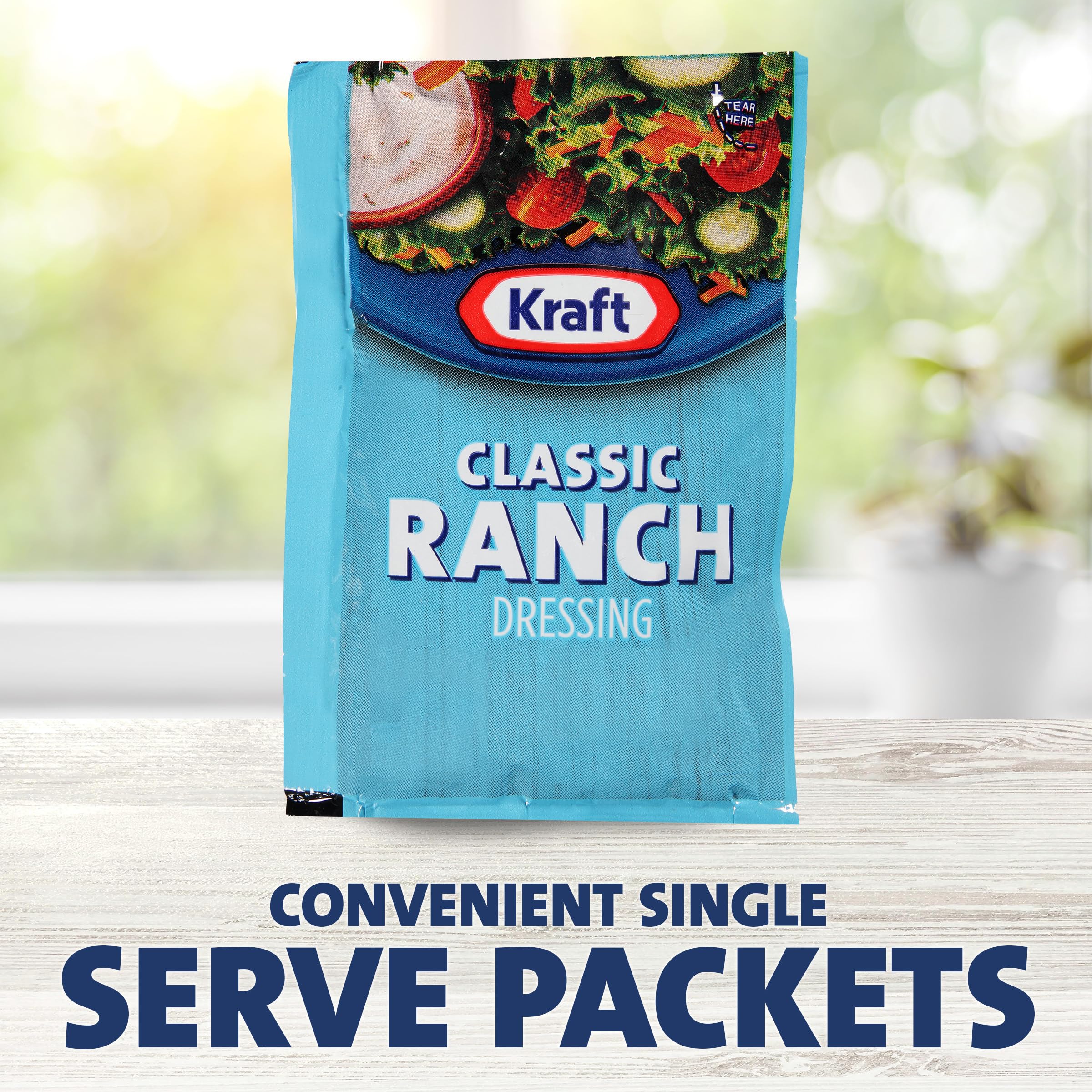 Opened Kraft Ranch dressing packet with drizzle