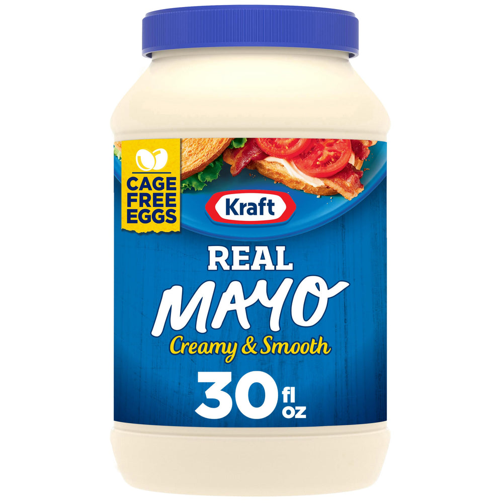 Kraft Real Mayo 30oz jar close-up, smooth spread for sandwiches.