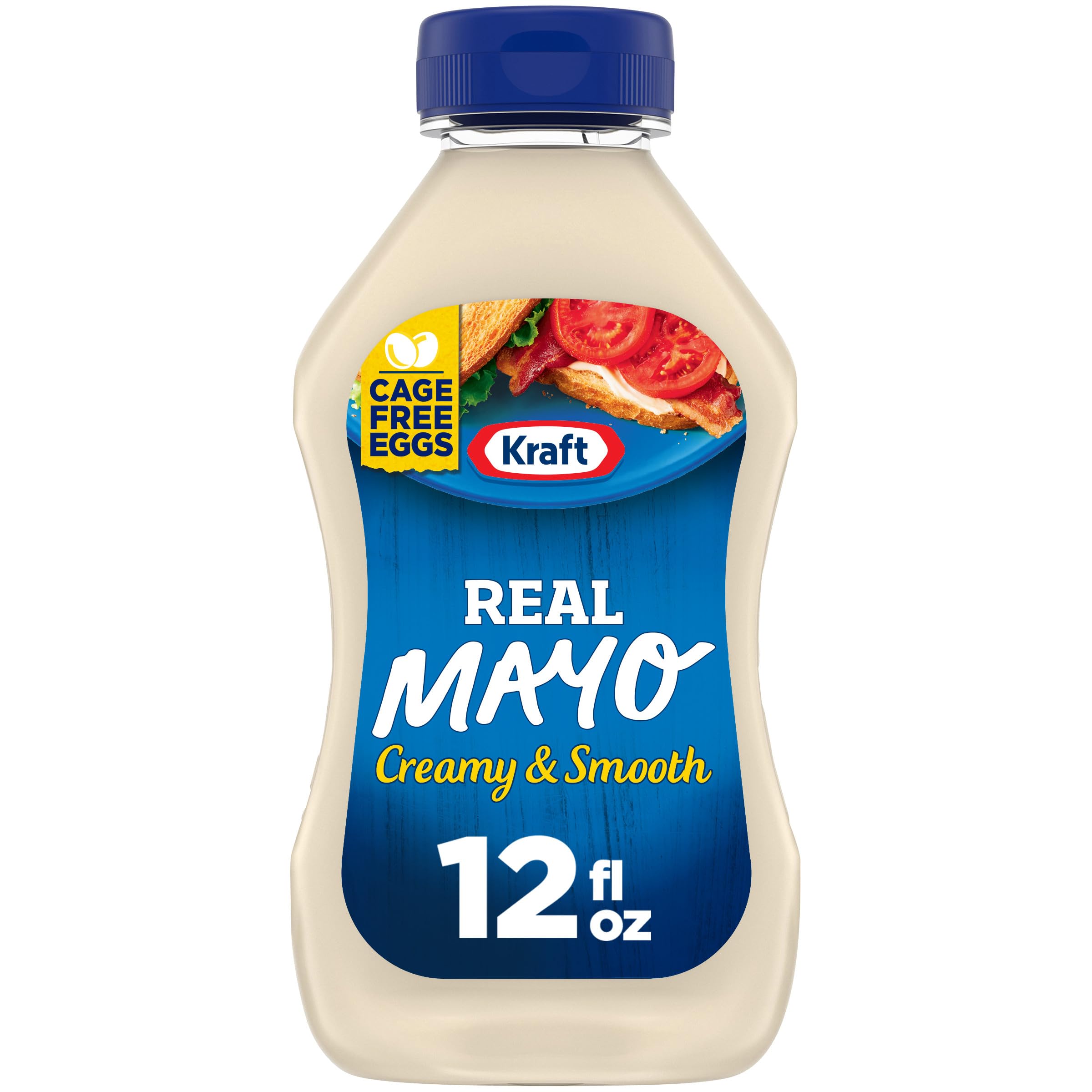 Kraft Real Mayo bottle front view, creamy texture great for sandwiches.