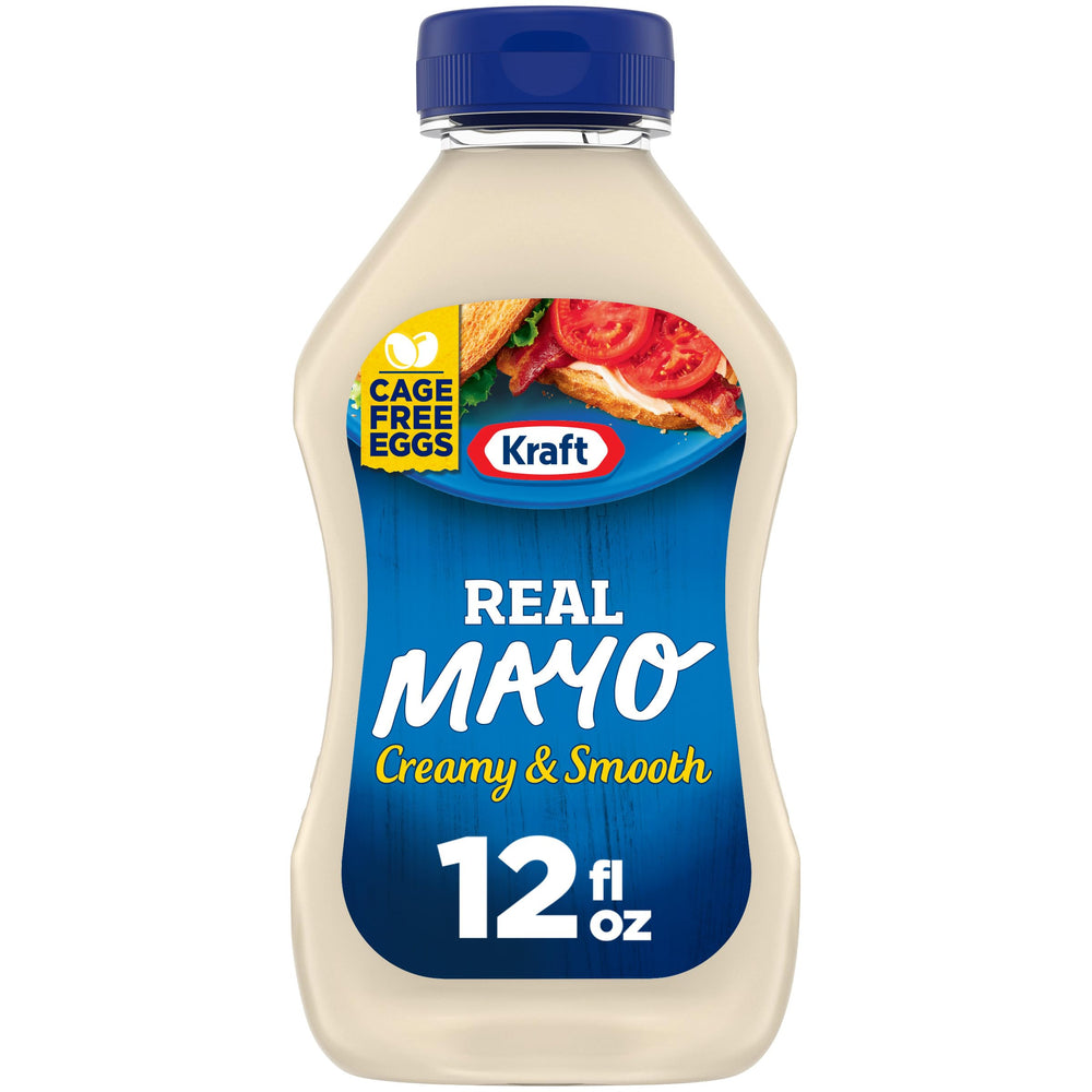 Kraft Real Mayo bottle front view, creamy texture great for sandwiches.