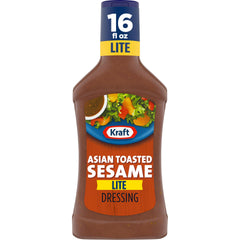 Kraft Reduced Fat Asian Toasted Sesame dressing bottle on counter for quick meals