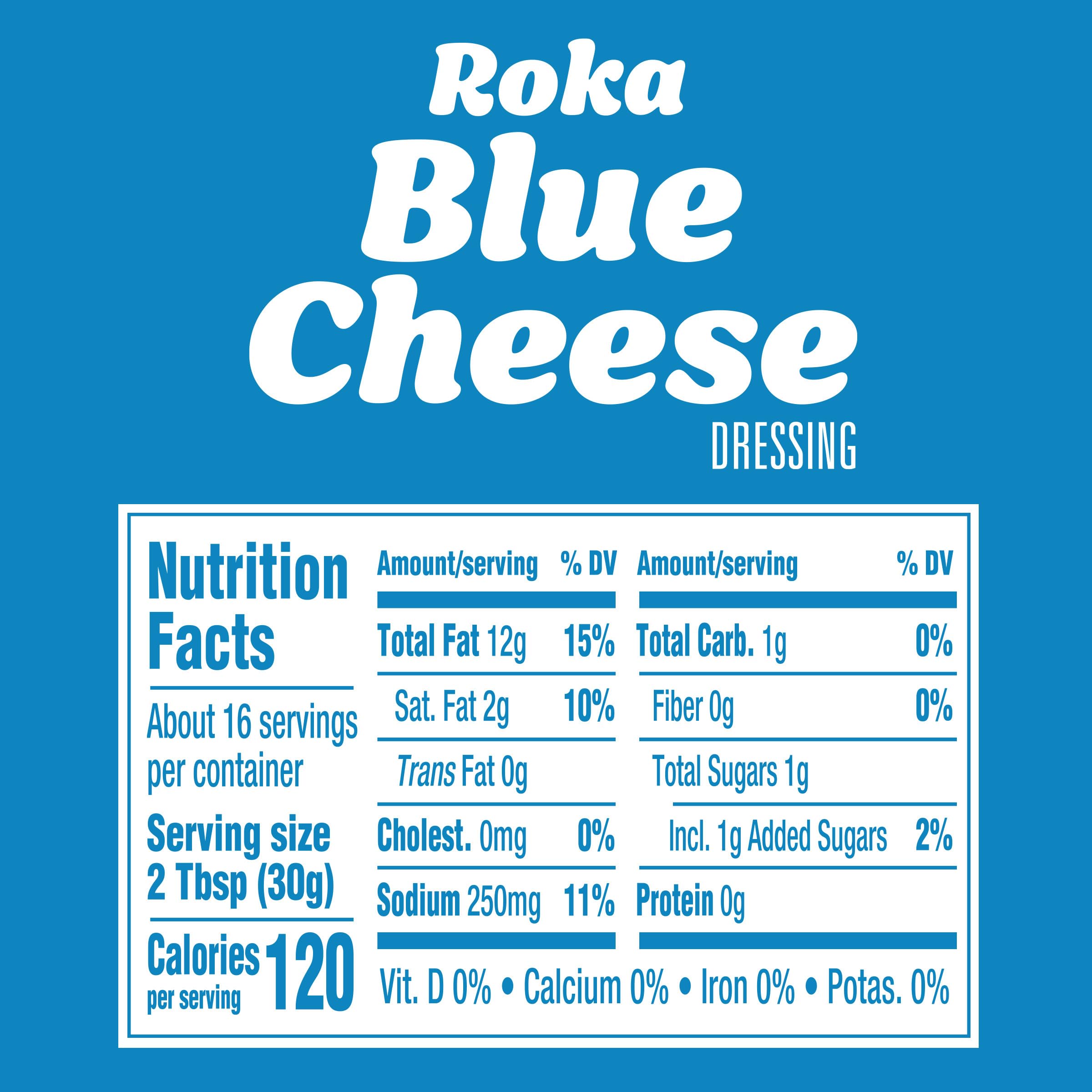 Close-up of Kraft Roka Blue Cheese Dressing label highlighting blue cheese notes.