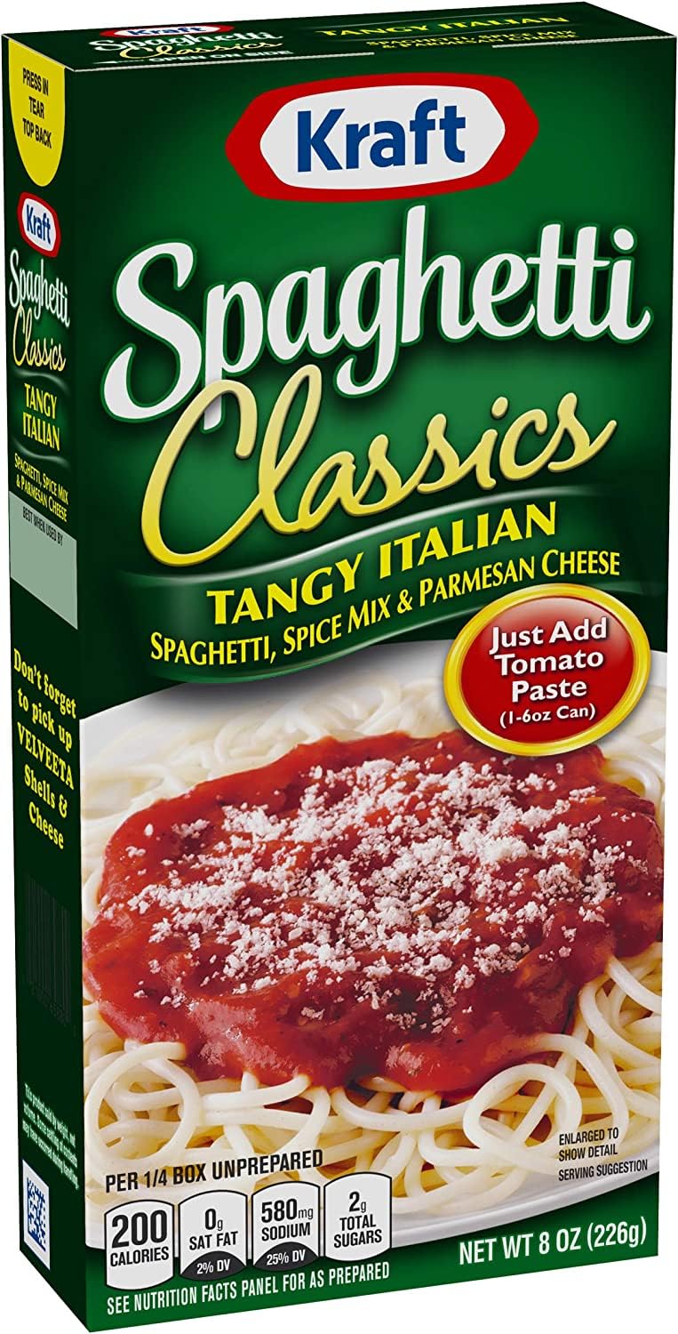 Kraft Spaghetti Classics box to plate flow showing servings.