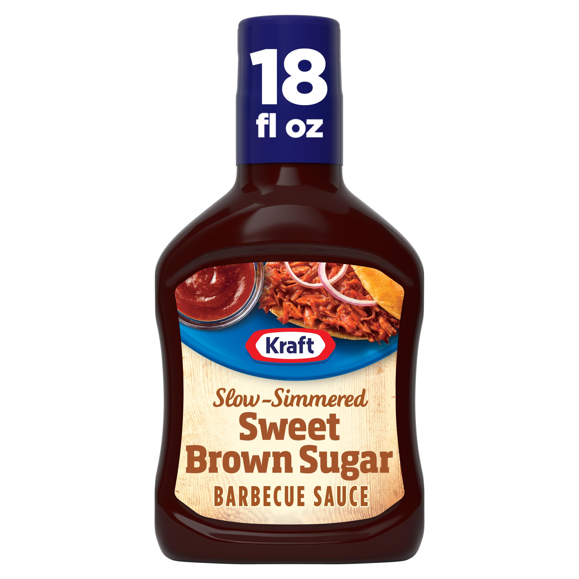 Kraft Sweet Brown Sugar BBQ Sauce bottle on shelf, rich, versatile for grilling.