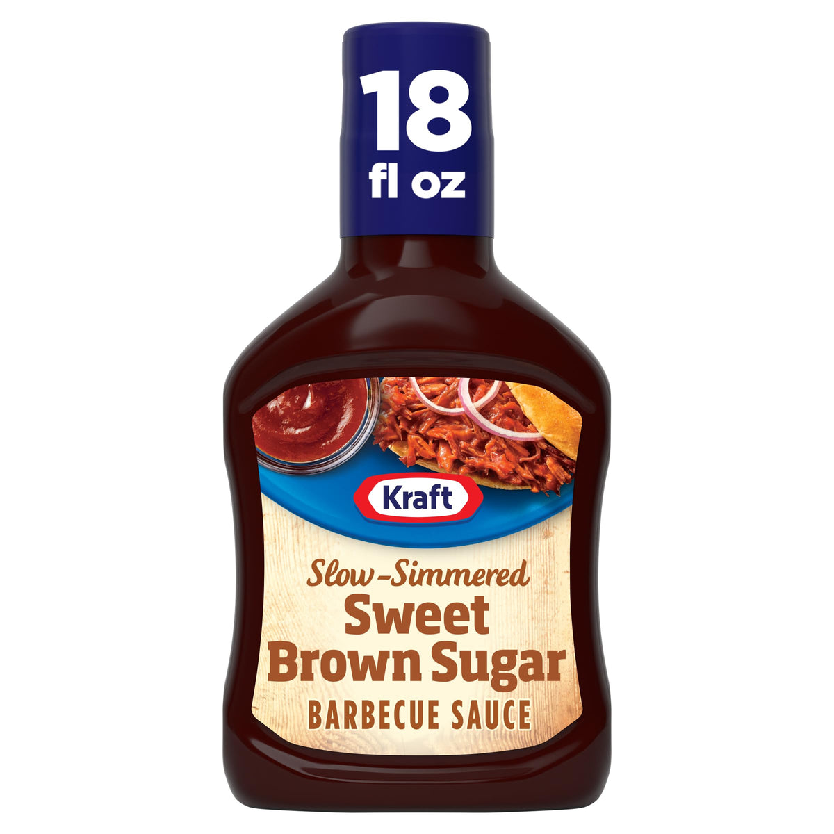 Kraft Sweet Brown Sugar BBQ Sauce bottle on shelf, rich, versatile for grilling.