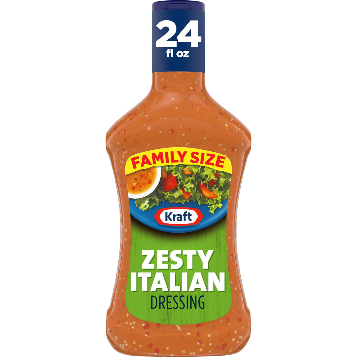 Kraft Zesty Italian Dressing bottle front shows family-size 24 oz convenience for meals