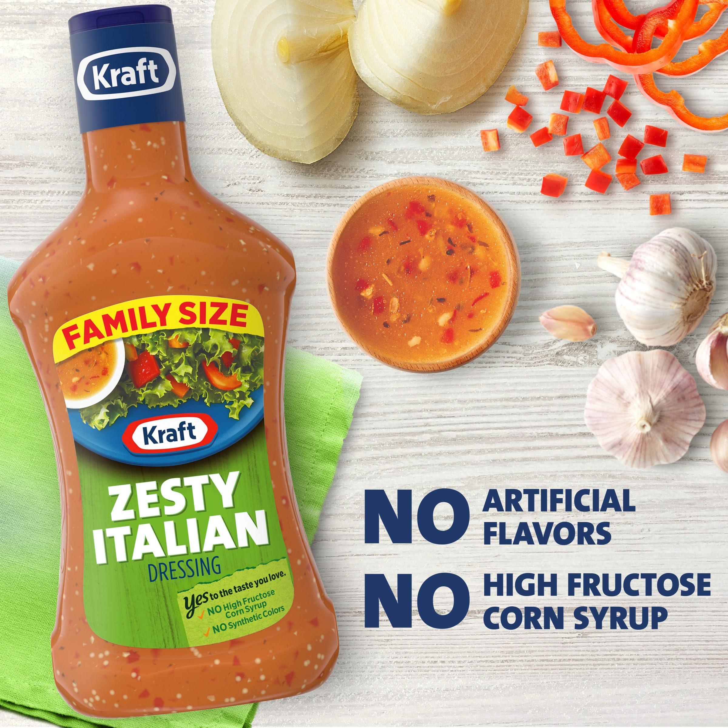 Kraft Zesty Italian Dressing close-up on ingredients like dried peppers