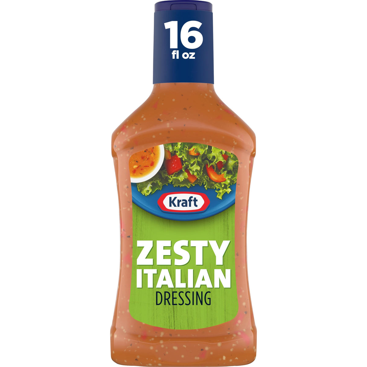 Kraft Zesty Italian Dressing bottle front, ready to dress salads