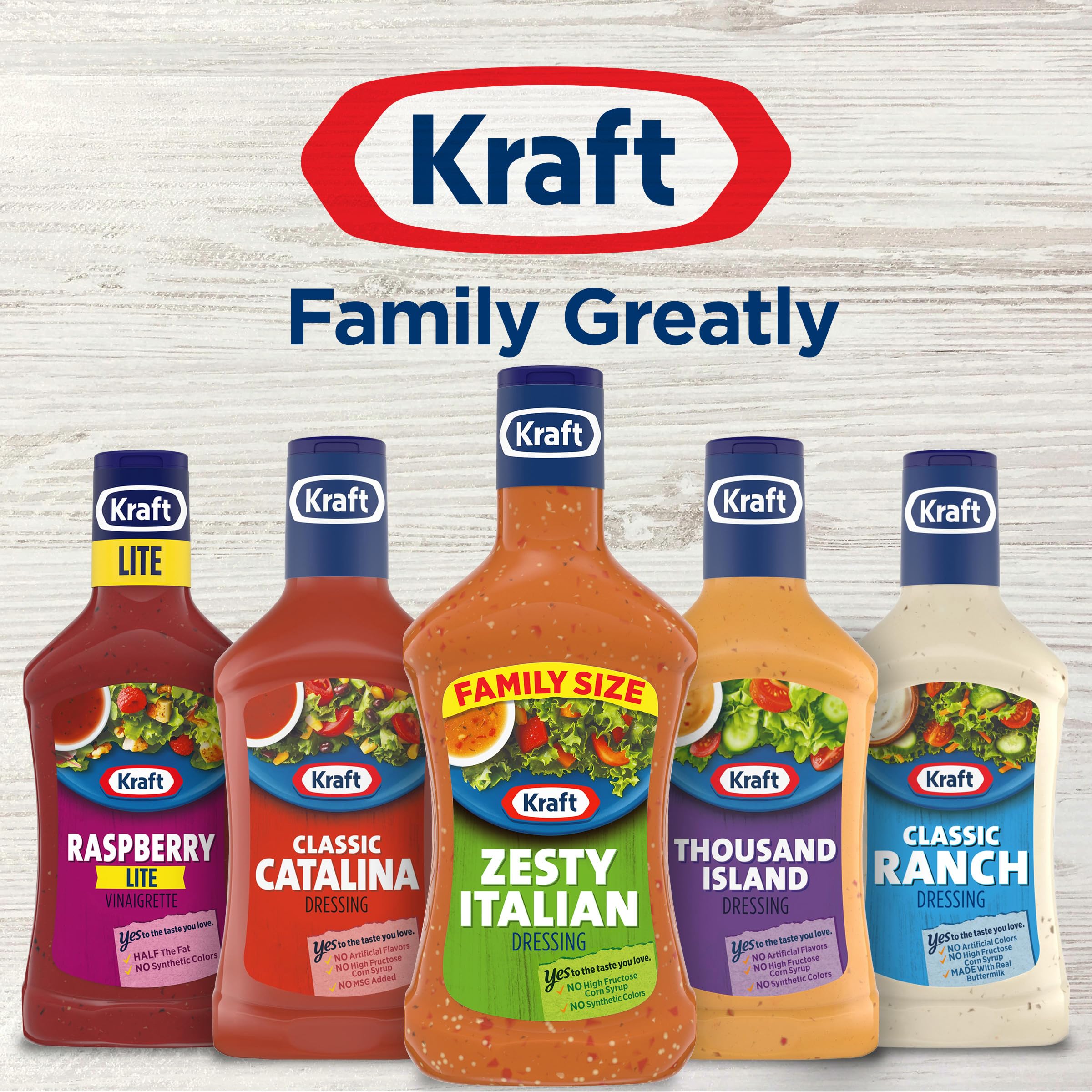 Drizzling Kraft Zesty Italian Dressing over a salad for bright flavor