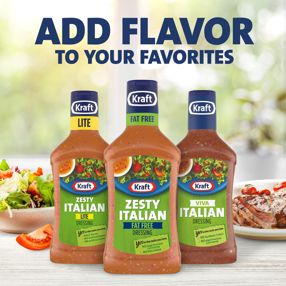 Kraft Zesty Italian Fat Free dressing stored in the refrigerator.