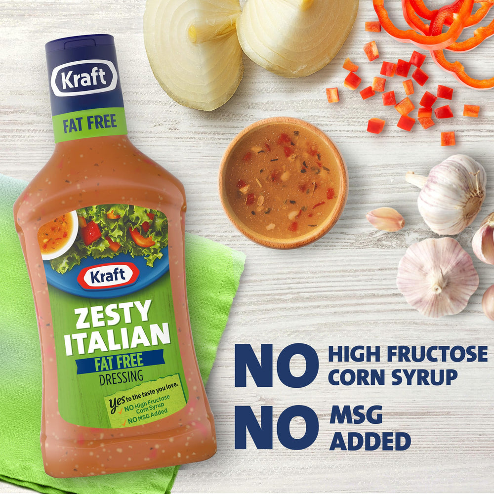 Kraft Zesty Italian Fat Free dressing closeup of ingredients.