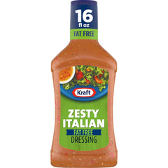 Kraft Zesty Italian Fat Free dressing label on a 16 oz bottle for salads.