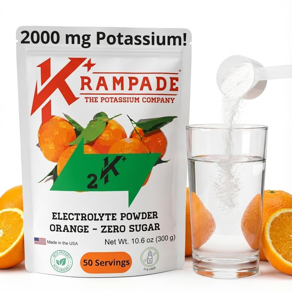 Krampade orange powder tub illustrates high-potassium formula for cramp relief and hydration
