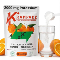 Krampade orange powder tub illustrates high-potassium formula for cramp relief and hydration