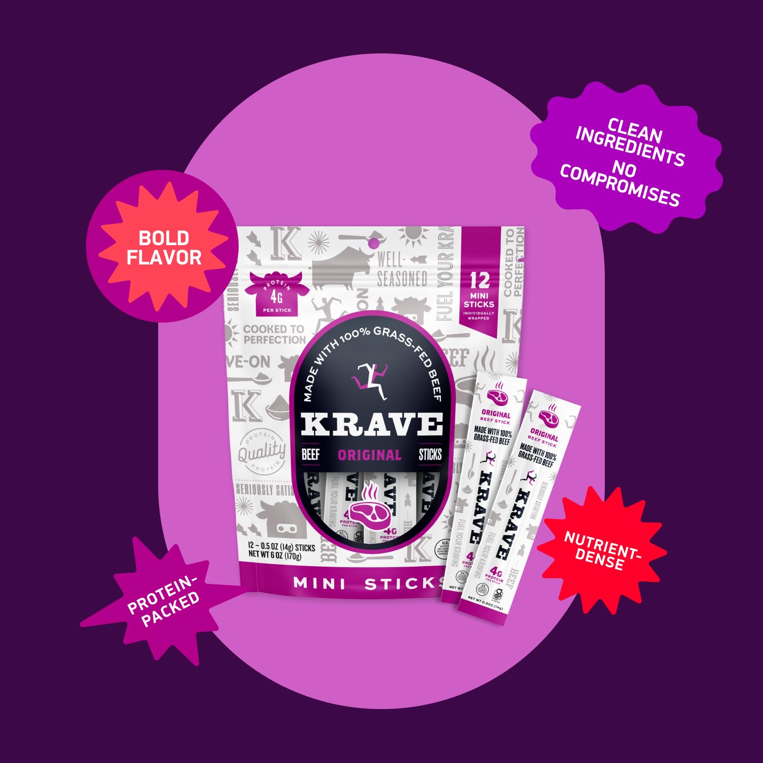 Krave Minis show no antibiotics or hormones for a clean-label experience.