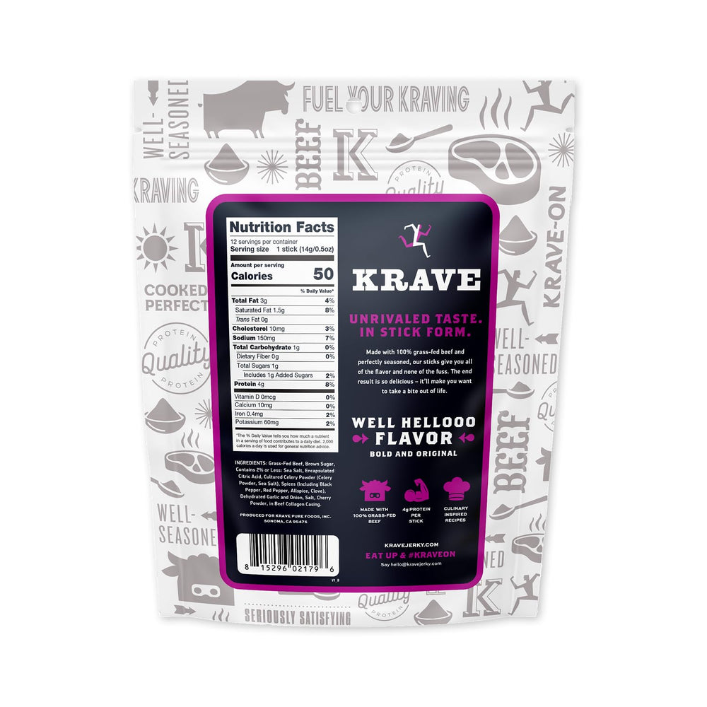Closeup of a Krave Minis Original Beef stick showing texture and clean ingredients.