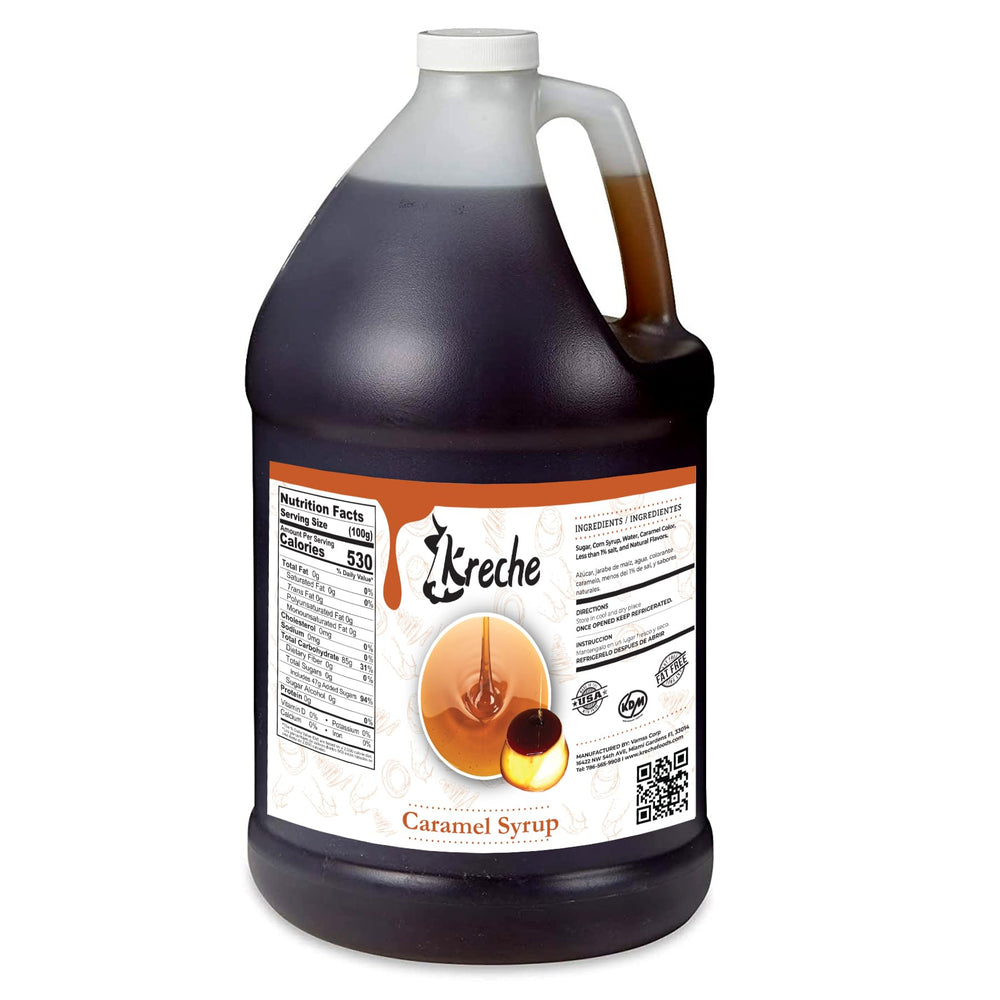 Kreche Flan Caramel Syrup in a 6 lb bottle, rich and versatile for desserts.
