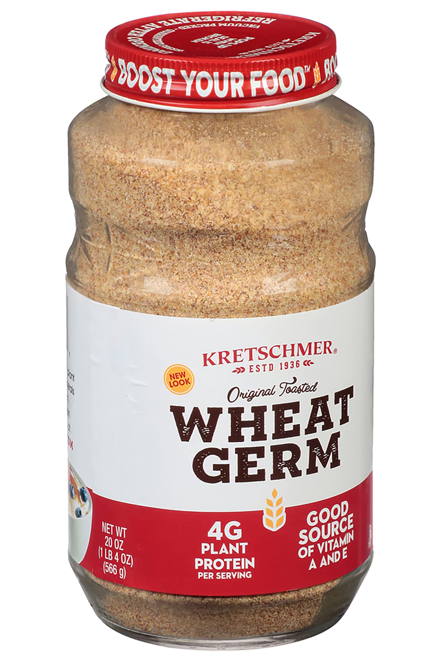 Kretschmer Wheat Germ scoop beside jar, convenient kitchen staple.