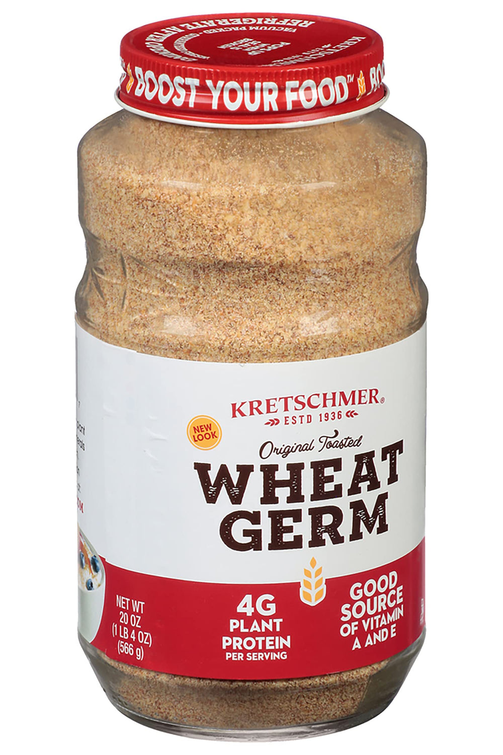 Kretschmer Wheat Germ scoop beside jar, convenient kitchen staple.